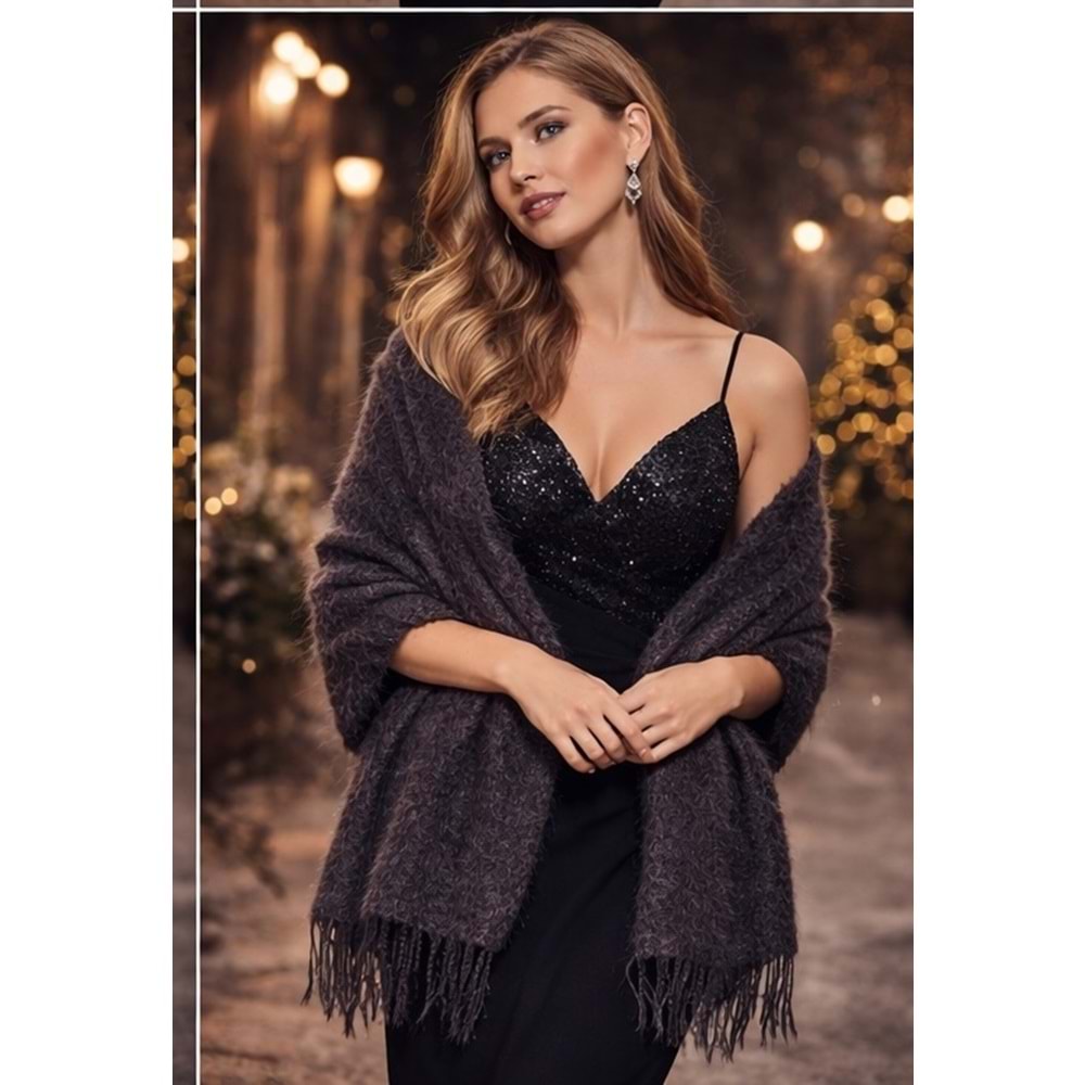 Mandaş Style El Dokuma Angora Bayan Şalı -Füme