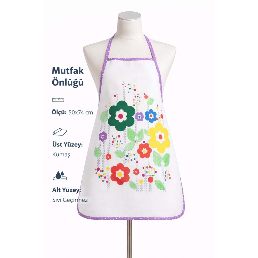 Dijital Baskılı Sıvı Geçirmez Desenli Mutfak Önlüğü - Papatya (Lila Biyeli)