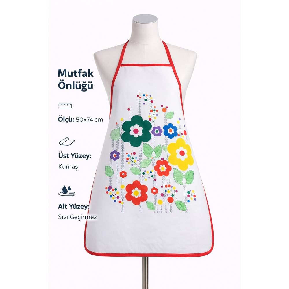 6lı Paket Dijital Baskılı Sıvı Geçirmez Desenli Mutfak Önlüğü - Papatya (Kırmızı Biyeli)