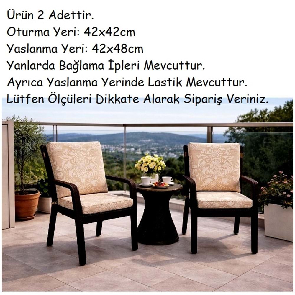 2 Adet Premium Şönil Arkalıklı Sandalye Minderi, Extra Kalın (Kalınlık 4,5cm)-K.Bej Desenli