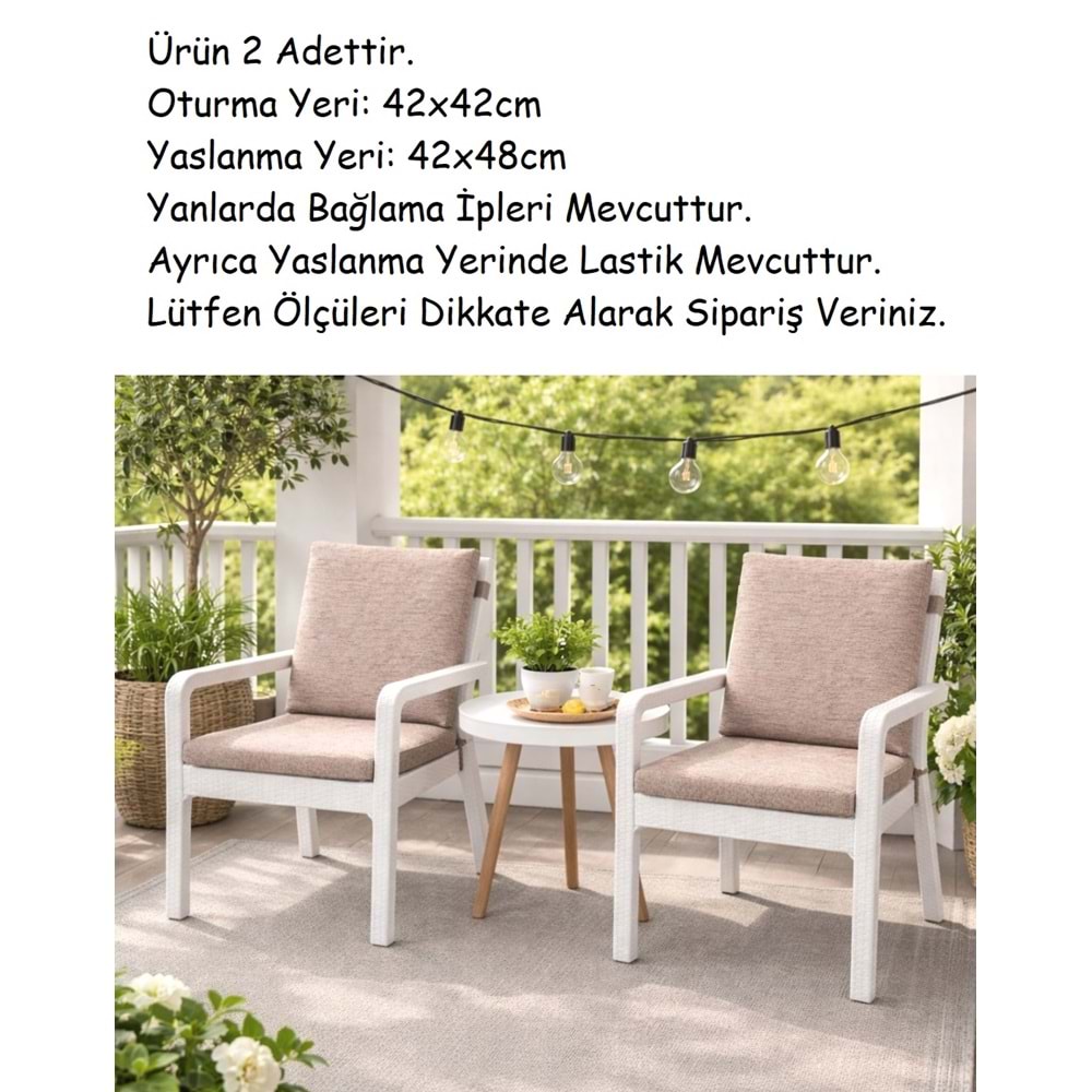 2 Adet Premium Şönil Arkalıklı Sandalye Minderi, Extra Kalın (Kalınlık 4,5cm)-Bej Düz