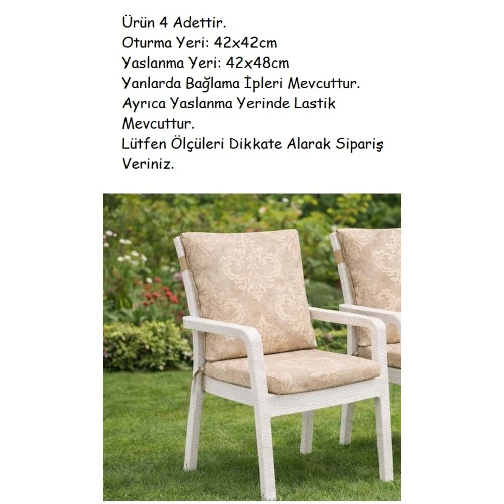 4 Adet Premium Şönil Arkalıklı Sandalye Minderi, Extra Kalın (Kalınlık 4,5cm)-Bej Desenli