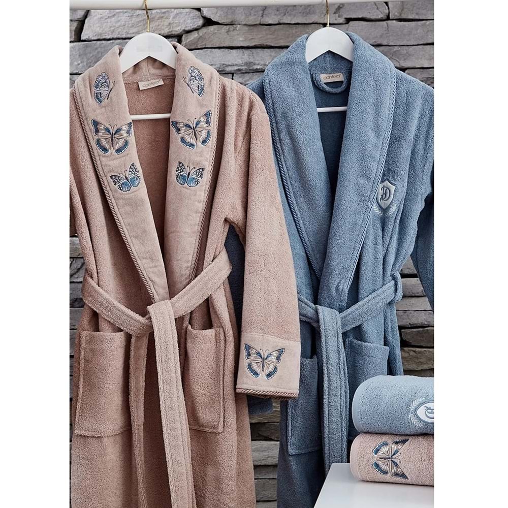 Dantela Premium Butterfly 6 Parça Pamuk Aile Bornoz Seti-Somon Mavi