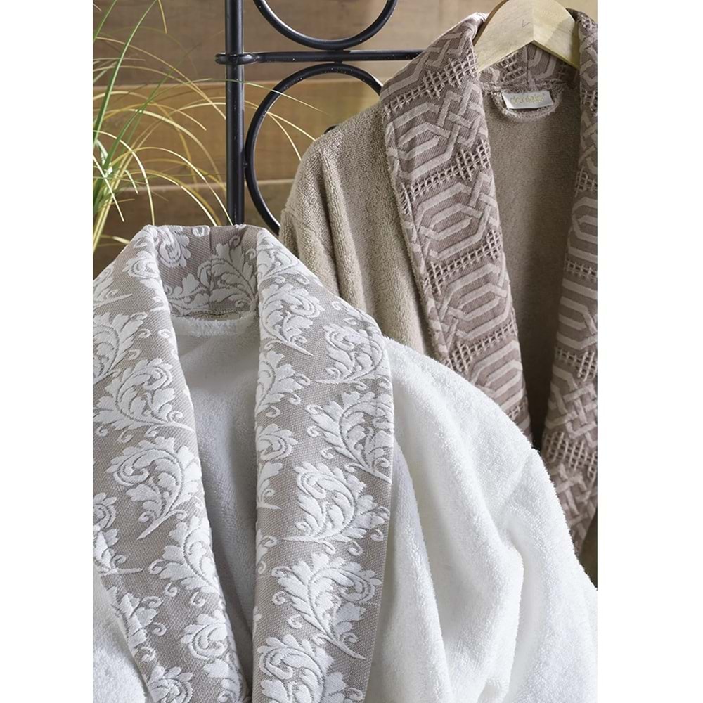 Dantela Premium Jakarlı Diana 6 Parça Pamuk Aile Bornoz Seti-Krem Kahve