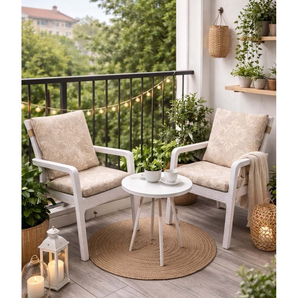 2 Adet Premium Şönil Arkalıklı Sandalye Minderi, Extra Kalın (Kalınlık 4,5cm)-Bej Desenli