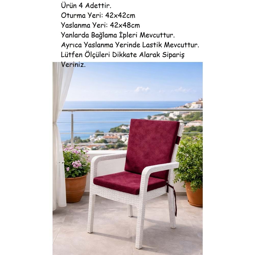 4 Adet Premium Şönil Arkalıklı Sandalye Minderi, Extra Kalın (Kalınlık 4,5cm)-Bordo Düz