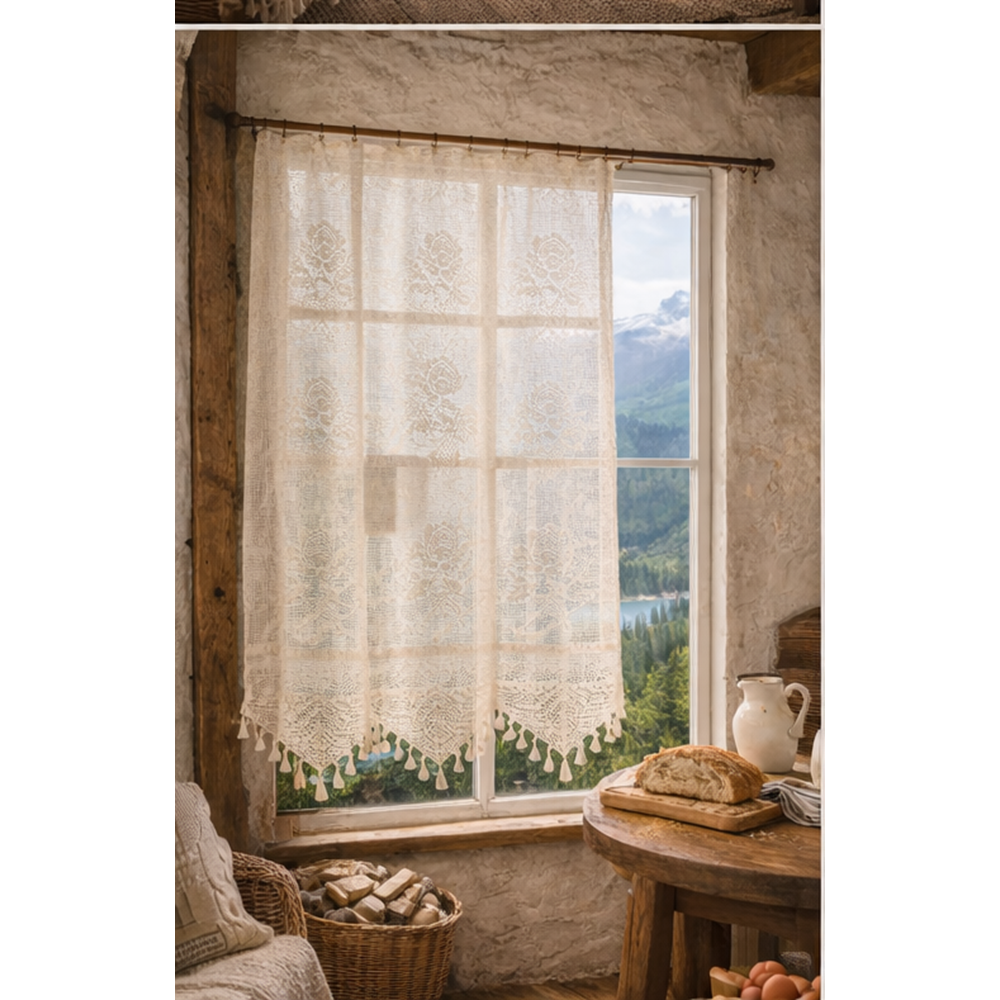 Buldan Tül Perde El İşi Dantelli Gül Desen Rustikli TEK Parcalı (250x160)