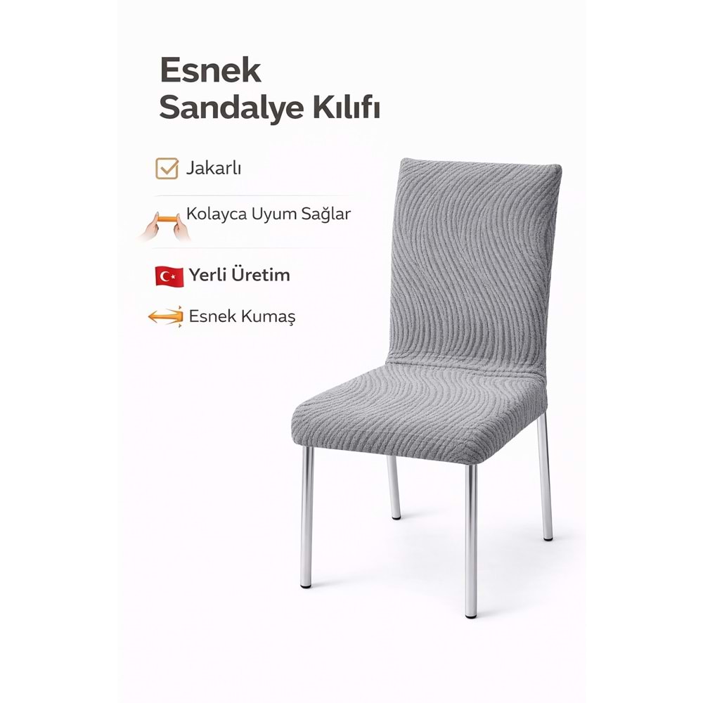 Özlü 6LI SET Jakarlı Lastikli Eteksiz Sandalye Kılıfı-Wave Gri