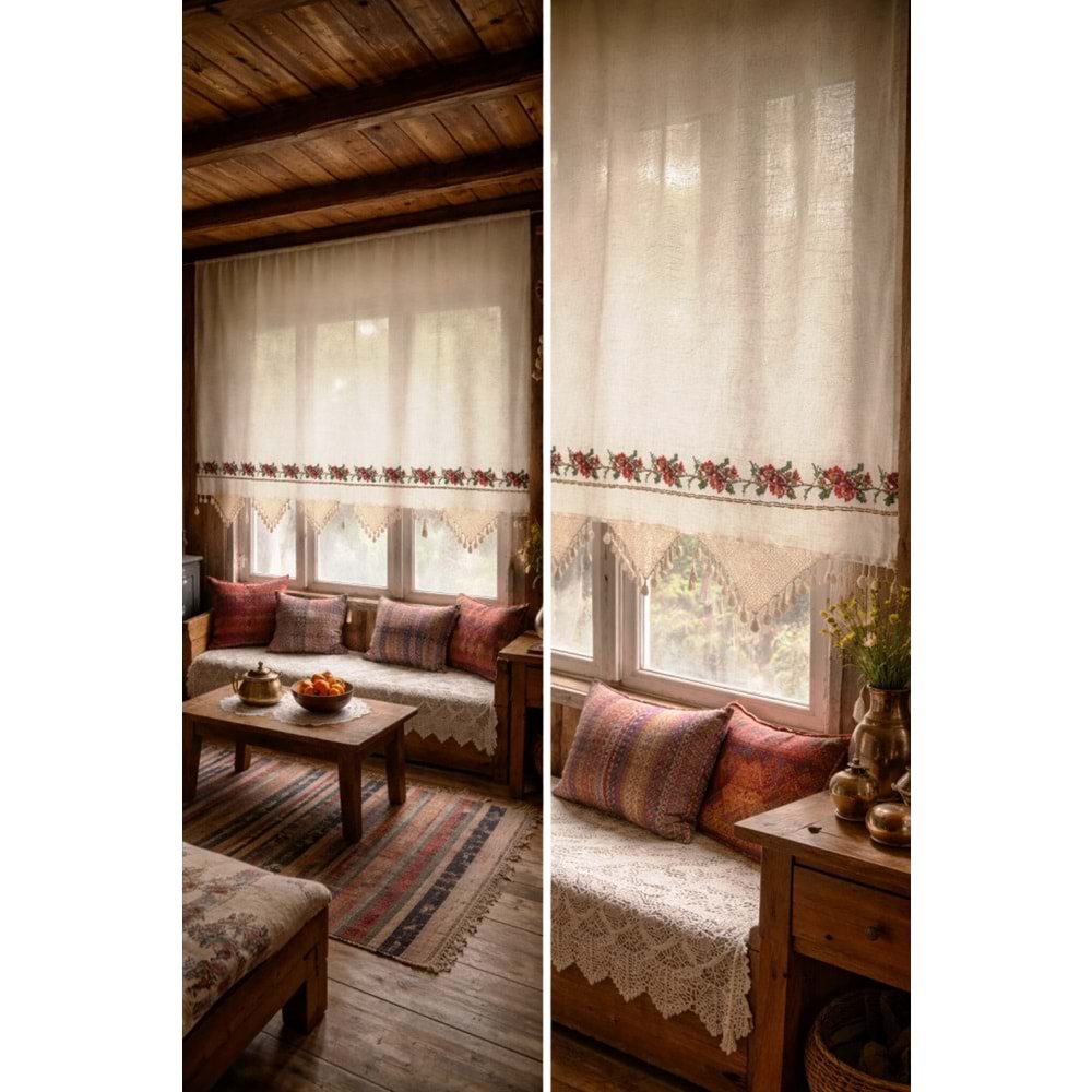 Mandaş El İşi Dantelli Kanaviçe Buldan Perdesi Tek kanat (200*170)