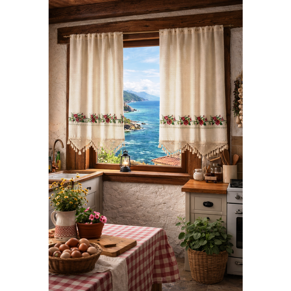 Mandaş Buldan Otantik Naturel Nakışlı Buldan Perde Rustikli 2 Parça 180*140