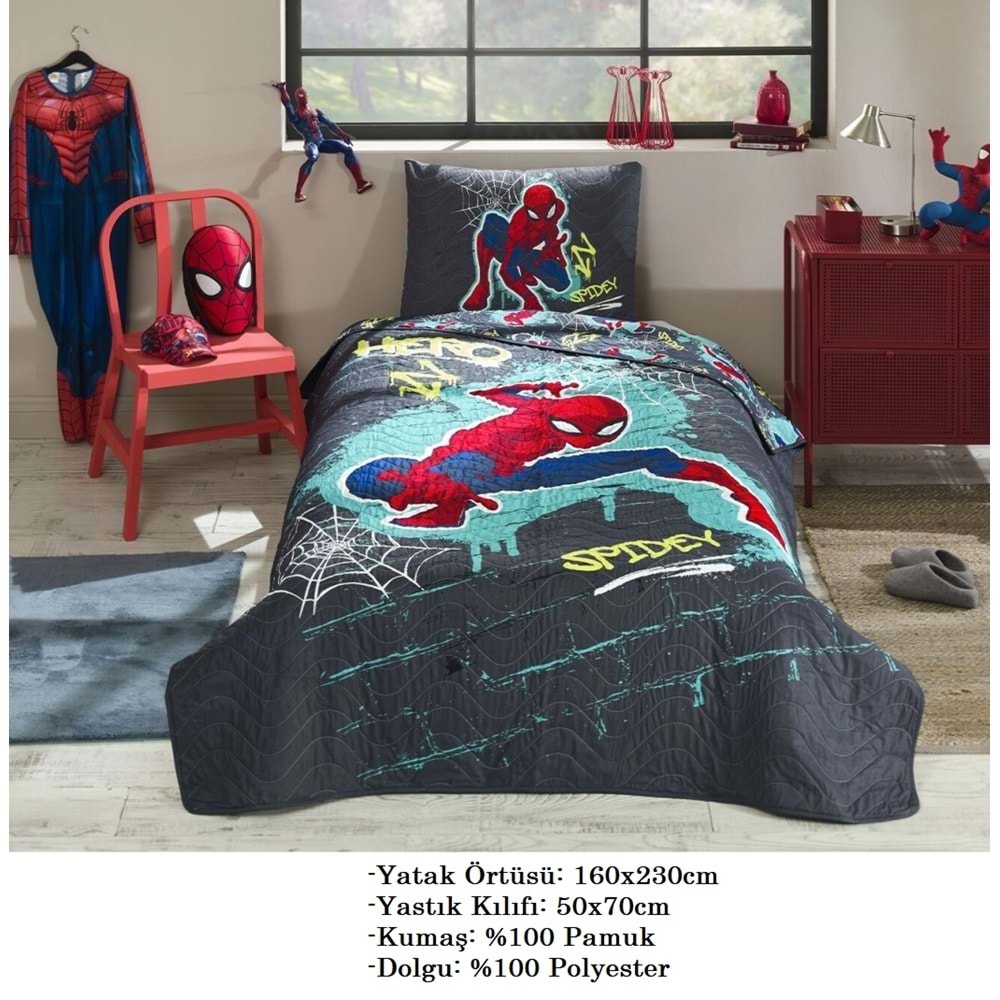 Özdilek Lisanslı Kapitoneli %100 Pamuk Tek Kişilik Çocuk Yatak Örtüsü (160x230)-Spiderman Street Gri