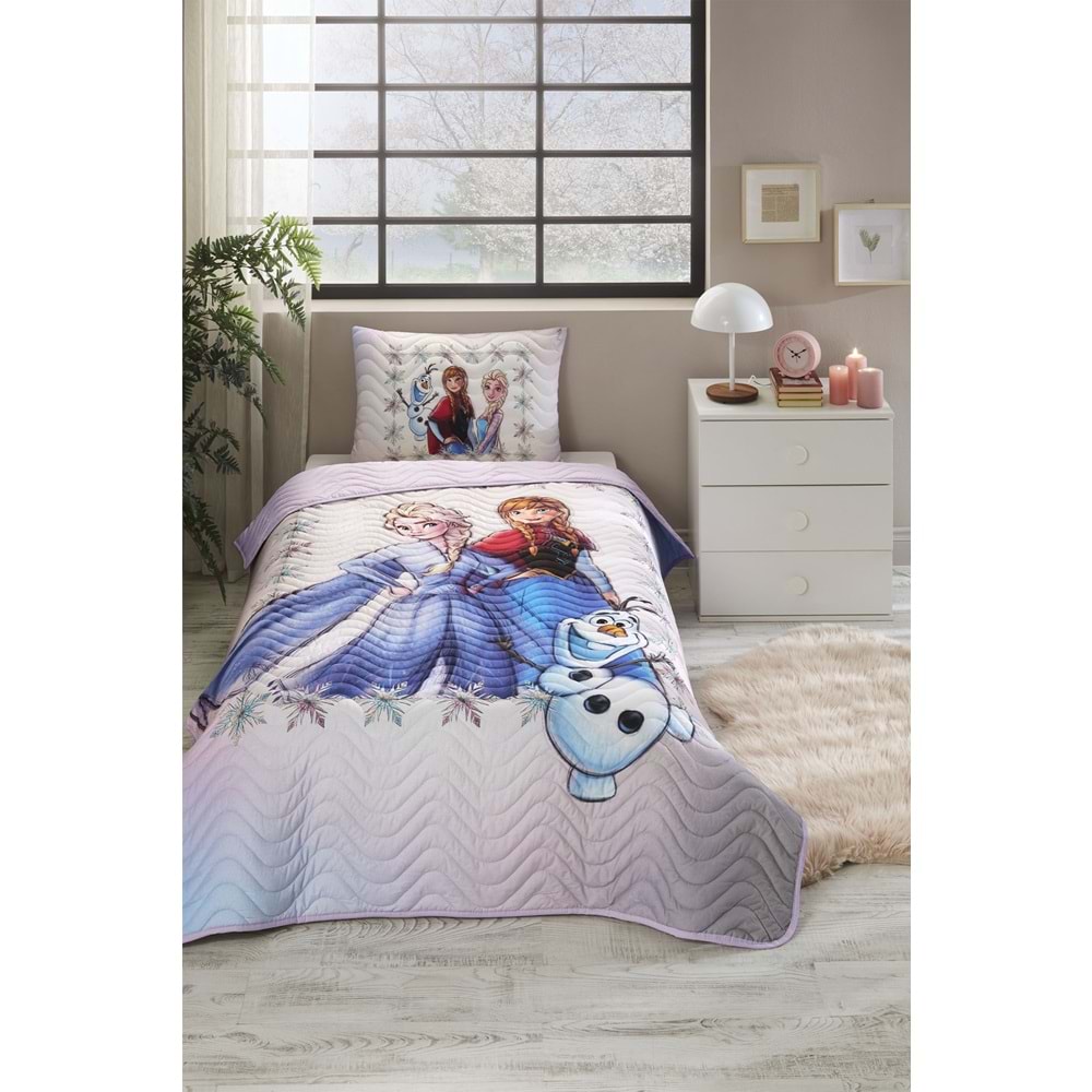 Özdilek Lisanslı Kapitoneli %100 Pamuk Tek Kişilik Çocuk Yatak Örtüsü (160x230)-Frozen Frosted Lila