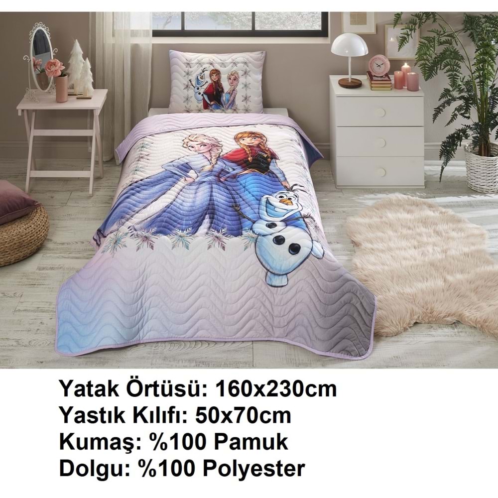 Özdilek Lisanslı Kapitoneli %100 Pamuk Tek Kişilik Çocuk Yatak Örtüsü (160x230)-Frozen Frosted Lila
