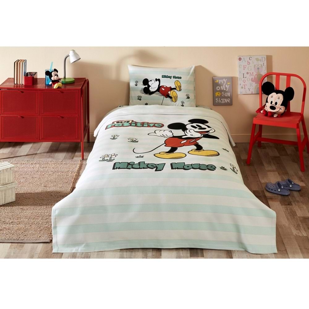 Özdilek Lisanslı Lastikli Çarşaflı Tek Kişilik Çocuk Pike Takımı-Mickey Positive Mint