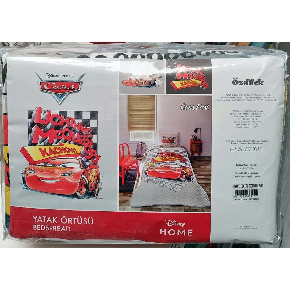 Özdilek Lisanslı Kapitoneli %100 Pamuk Tek Kişilik Çocuk Yatak Örtüsü (160x230)-Mcqueen Cars Fast Gri