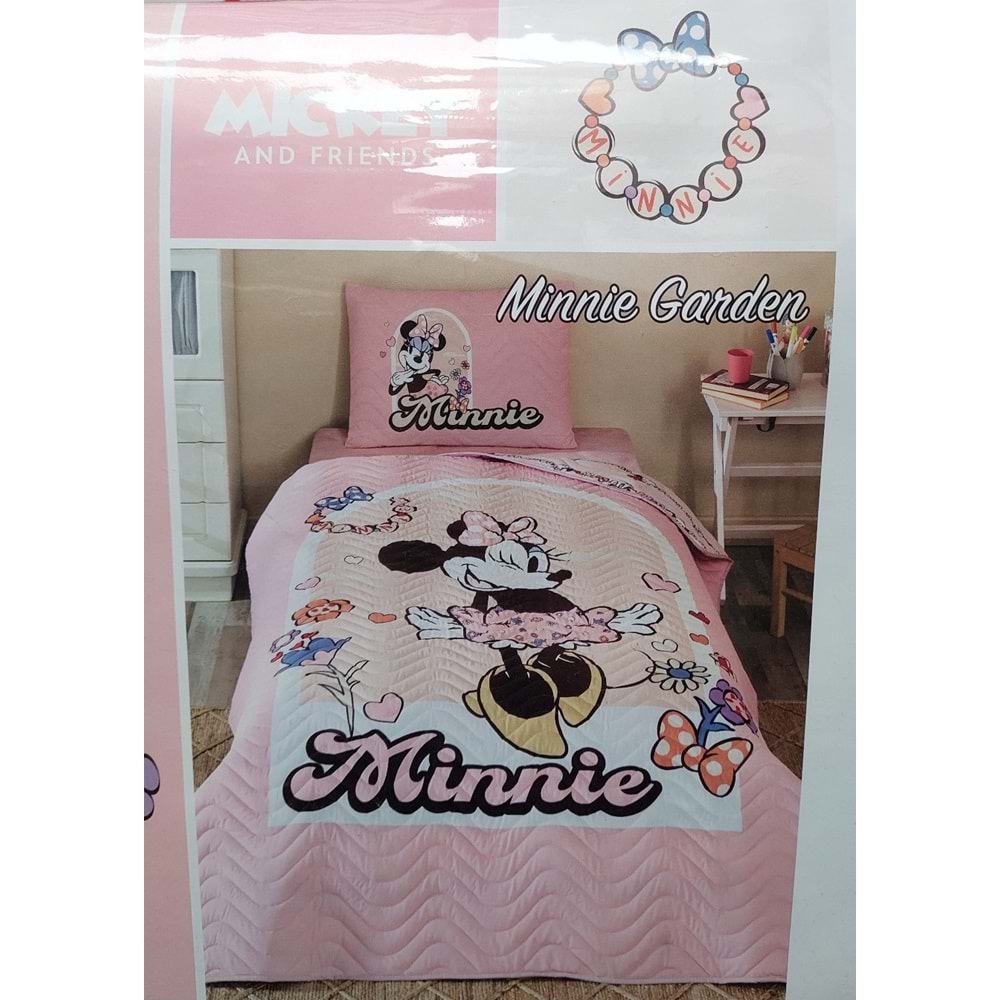 Özdilek Lisanslı Kapitoneli %100 Pamuk Tek Kişilik Çocuk Yatak Örtüsü (160x230)-Minnie Garden Pembe