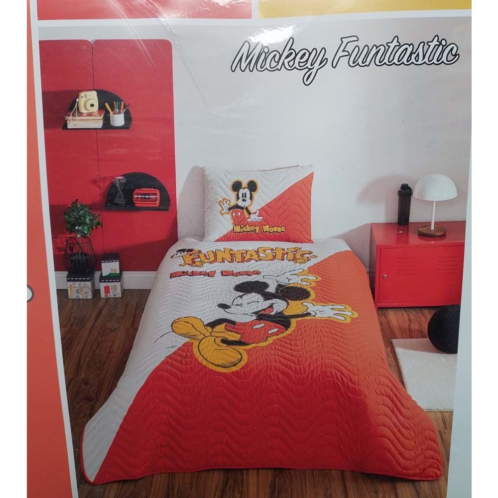 Özdilek Lisanslı Kapitoneli %100 Pamuk Tek Kişilik Çocuk Yatak Örtüsü (160x230)-Mickey Funtastic Krem