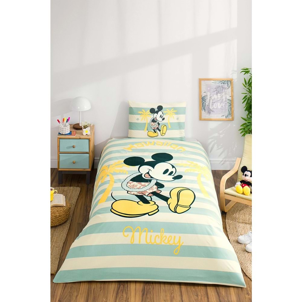 Özdilek Lisanslı Lastikli Çarşaflı Tek Kişilik Çocuk Nevresim Takımı-Mickey Mouse Hawaii Mint