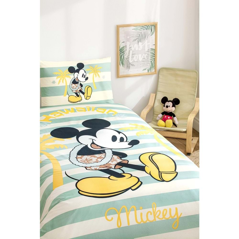 Özdilek Lisanslı Lastikli Çarşaflı Tek Kişilik Çocuk Nevresim Takımı-Mickey Mouse Hawaii Mint