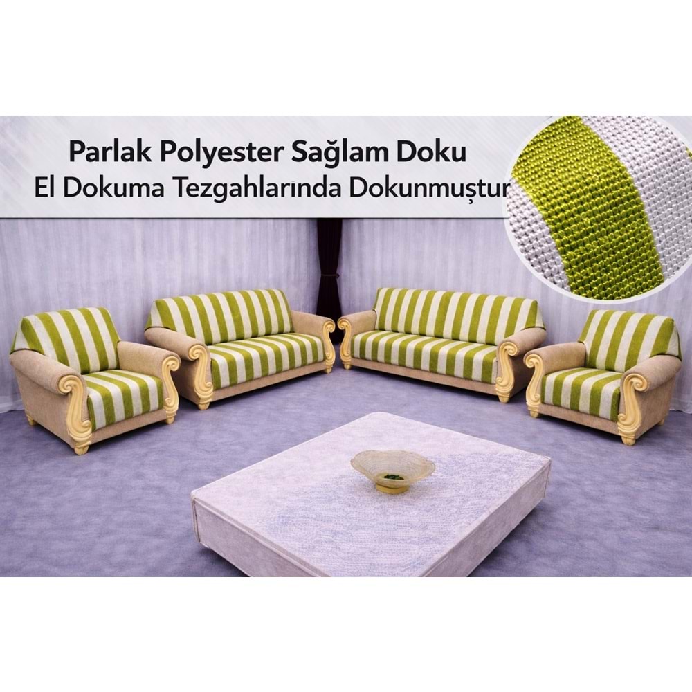 Mandaş Romanza El Dokuma Kolsuz Koltuk Takım Örtüsü (3+3+1+1)Yeşil- Krem