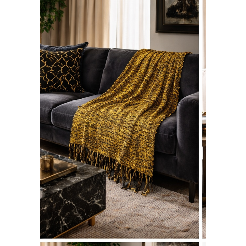 Mandaş el dokuma Yeni Nesil koltuk şalı 170*170 1 li pk Gold/ Siyah