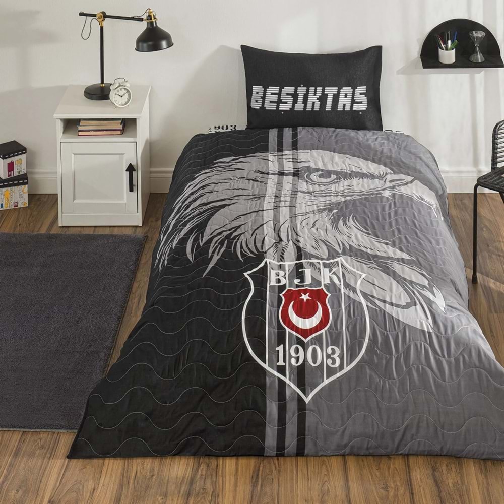 Taç Lisanslı Kapitoneli -Beşiktaş Taraftar- Lastikli Çarşaflı Tek Kişilik 4 Mevsim Nevresim Takımı