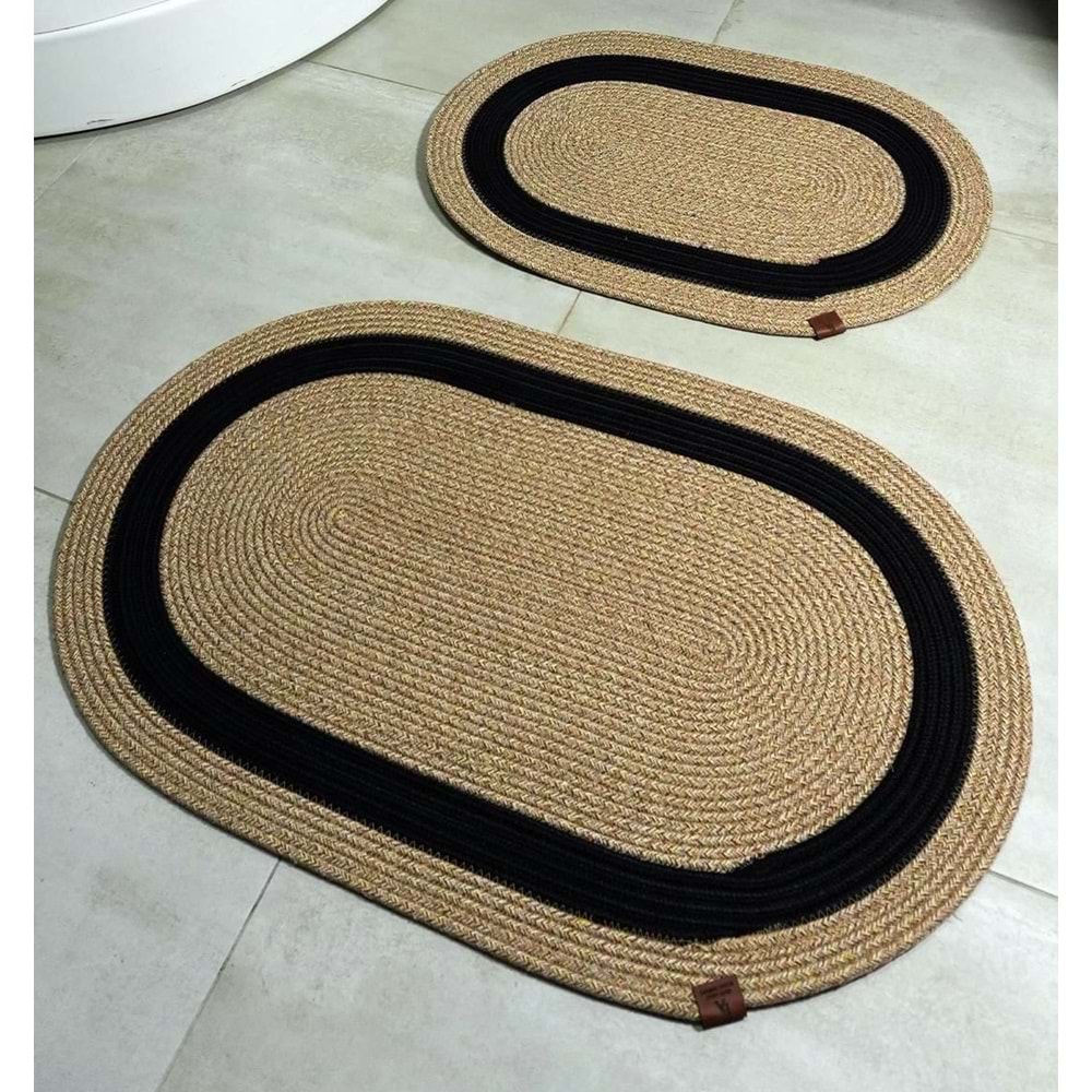 Jüt Hasır 2li Banyo Seti Paspas Takımı-Bej Ortası Kalın Siyah