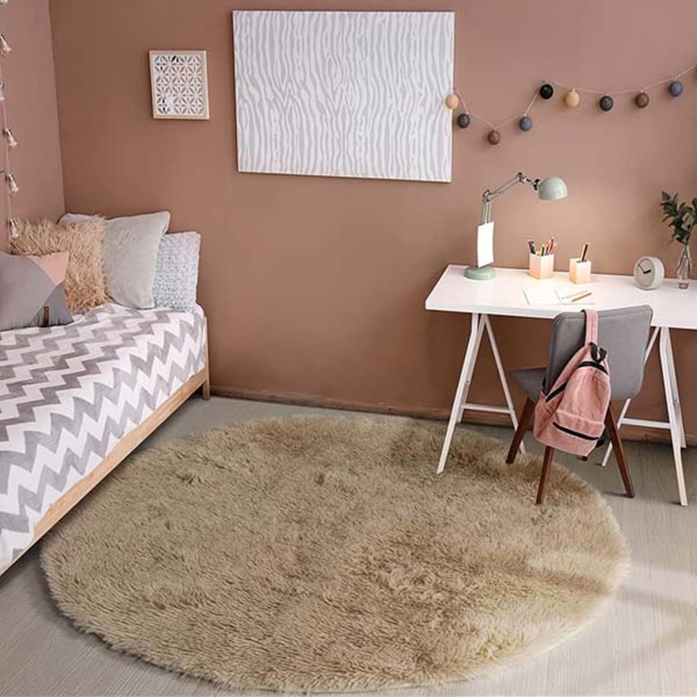 Evru Tavşan Tüyü Yumoş Post Halı (100 cm yuvarlak )camel