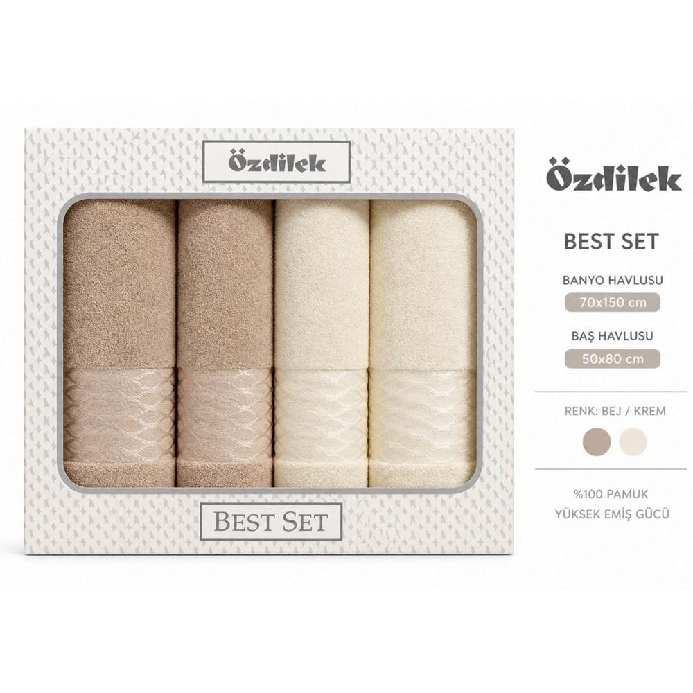 Özdilek 4 Parça Best Set -Elissa Bej Krem- Hamam Seti, Havlu Seti