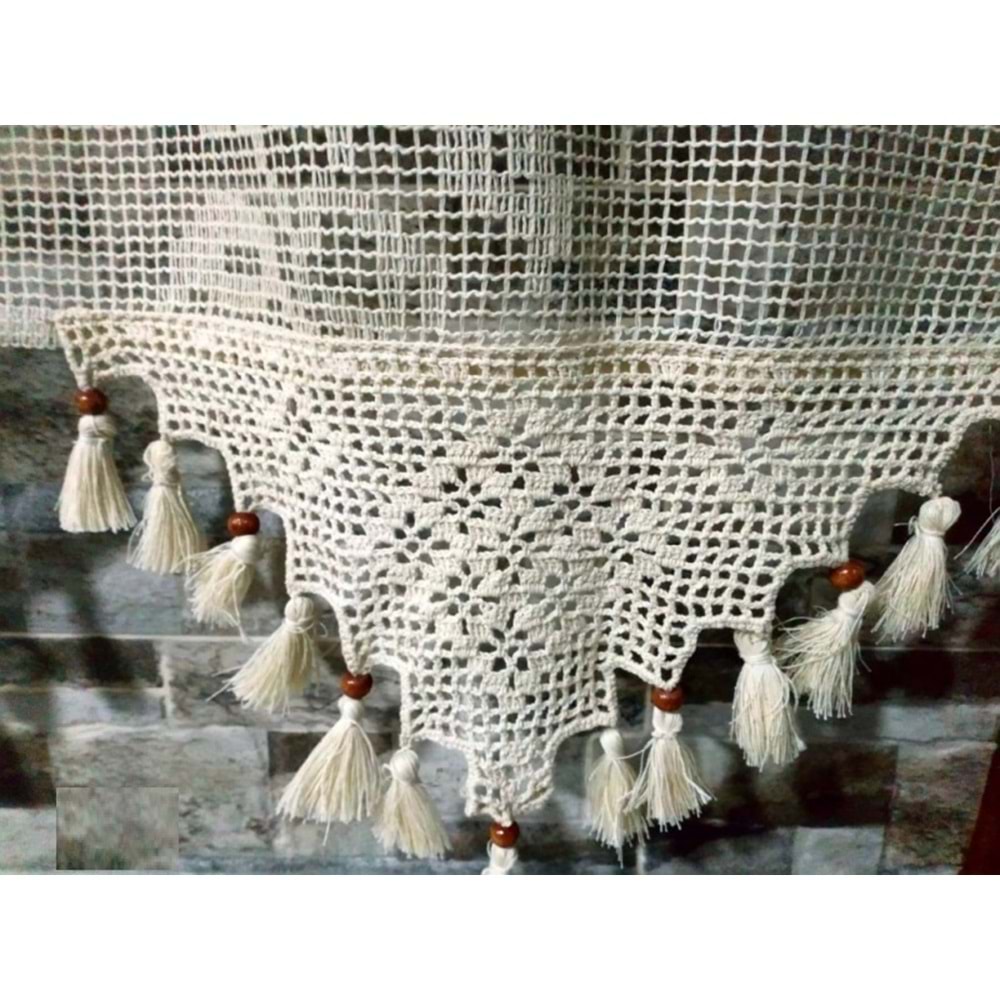 Buldan Tül Perde El İşi Dantelli Naturel Gül Çiçek Desen(130x330)