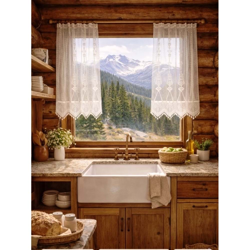 Buldan Tül Perde El İşi Dantelli makro ( zincir)Desen Rustikli 2 Parcalı (225x160)