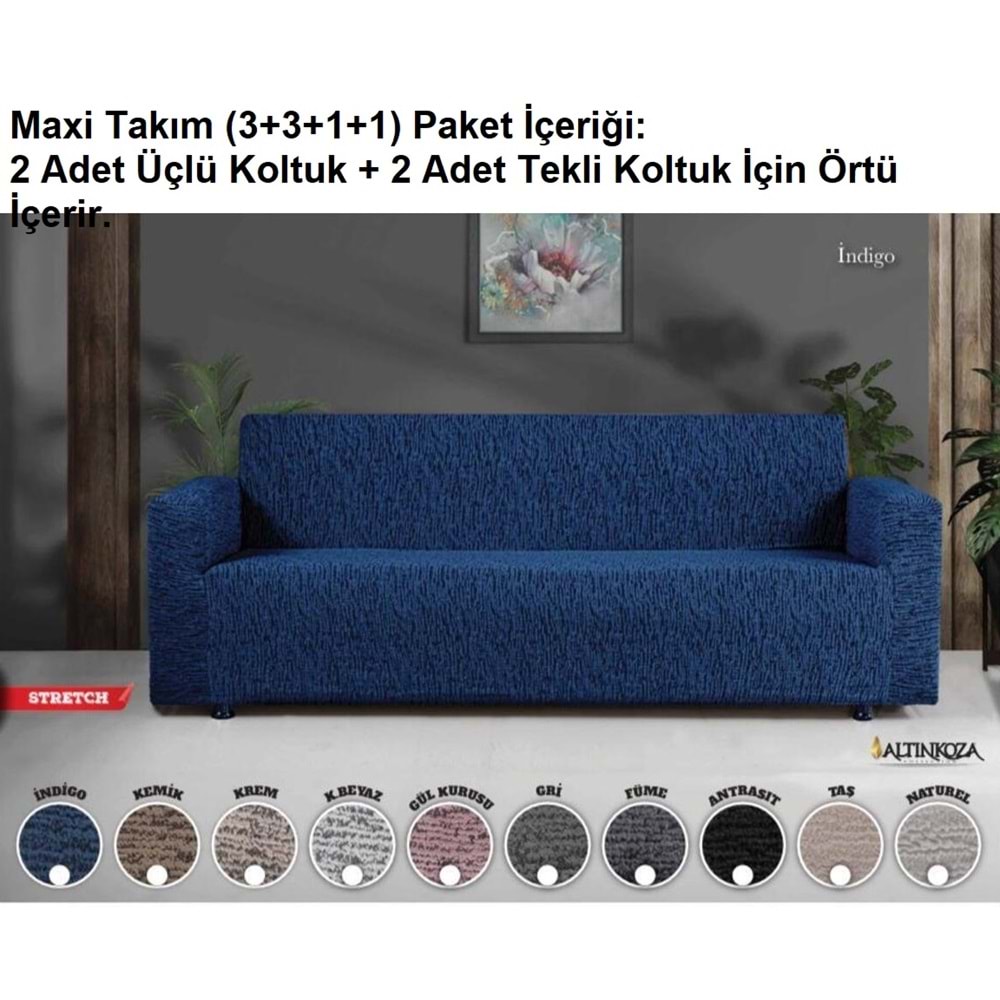Altınkoza Still Jakarlı Streç Maxi Takım Koltuk Örtüsü Eko (3+3+1+1)-İndigo