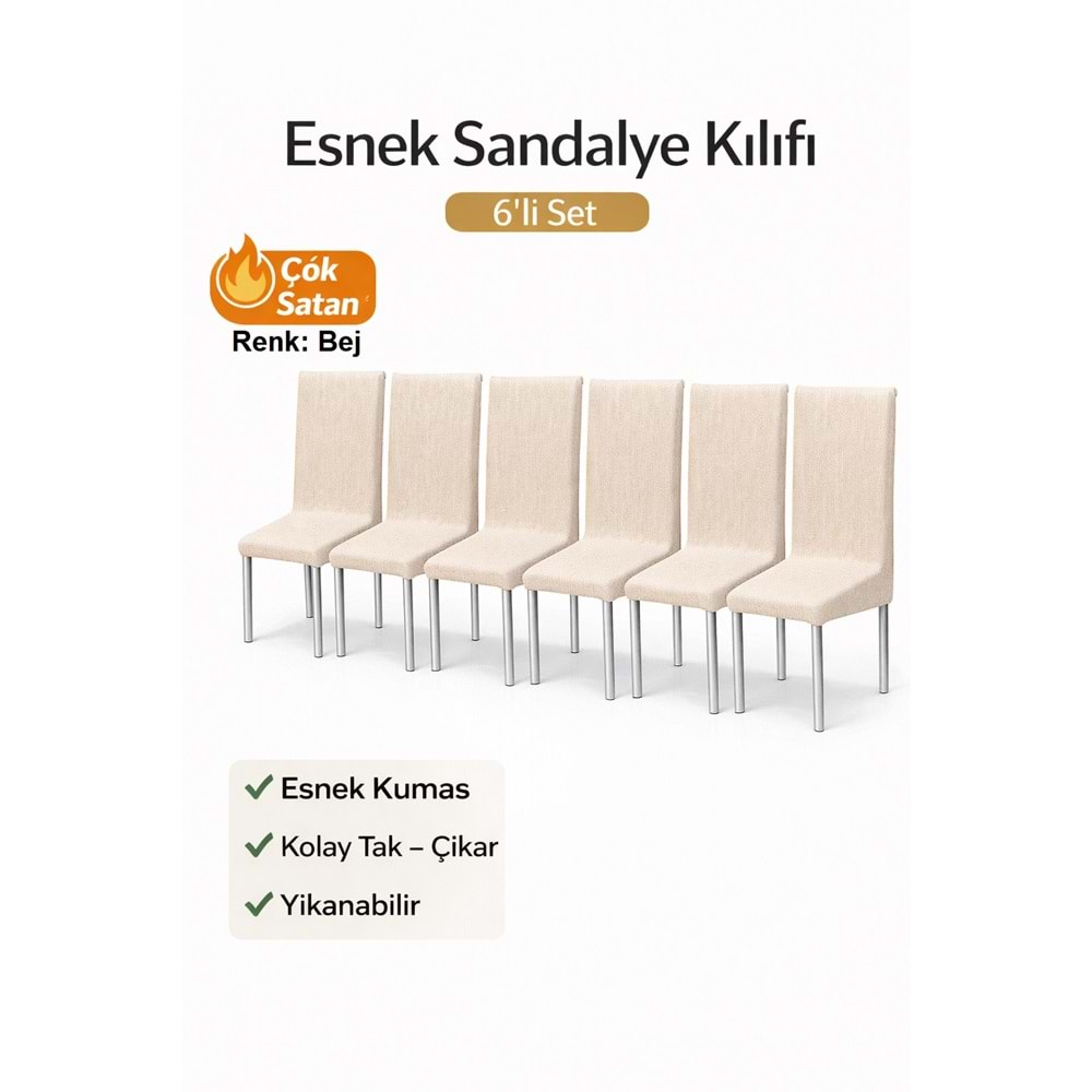 Altınkoza 6LI SET Jakarlı Lastikli Eteksiz Sandalye Kılıfı-Bej