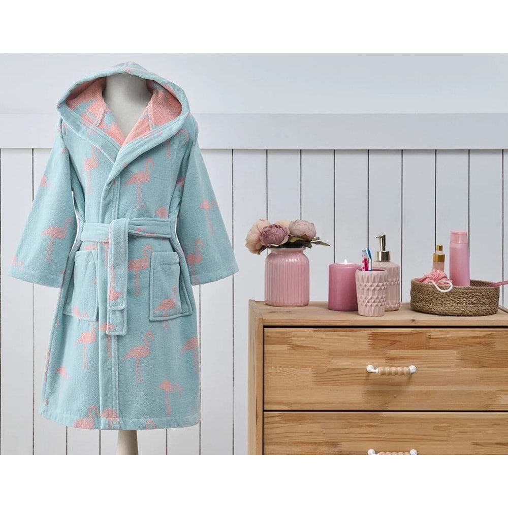 Özdilek 5/6 Yaş -Flamingo Mint- Kız Çocuk Kapüşonlu Kadife Pamuk Bornoz