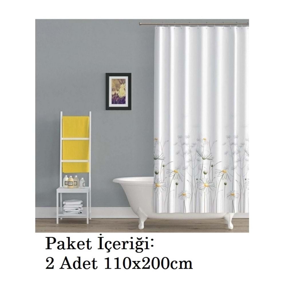 Tropik Home -Daisy Papatya- Çift Kanatlı Banyo Duş Perdesi (2x110x200)