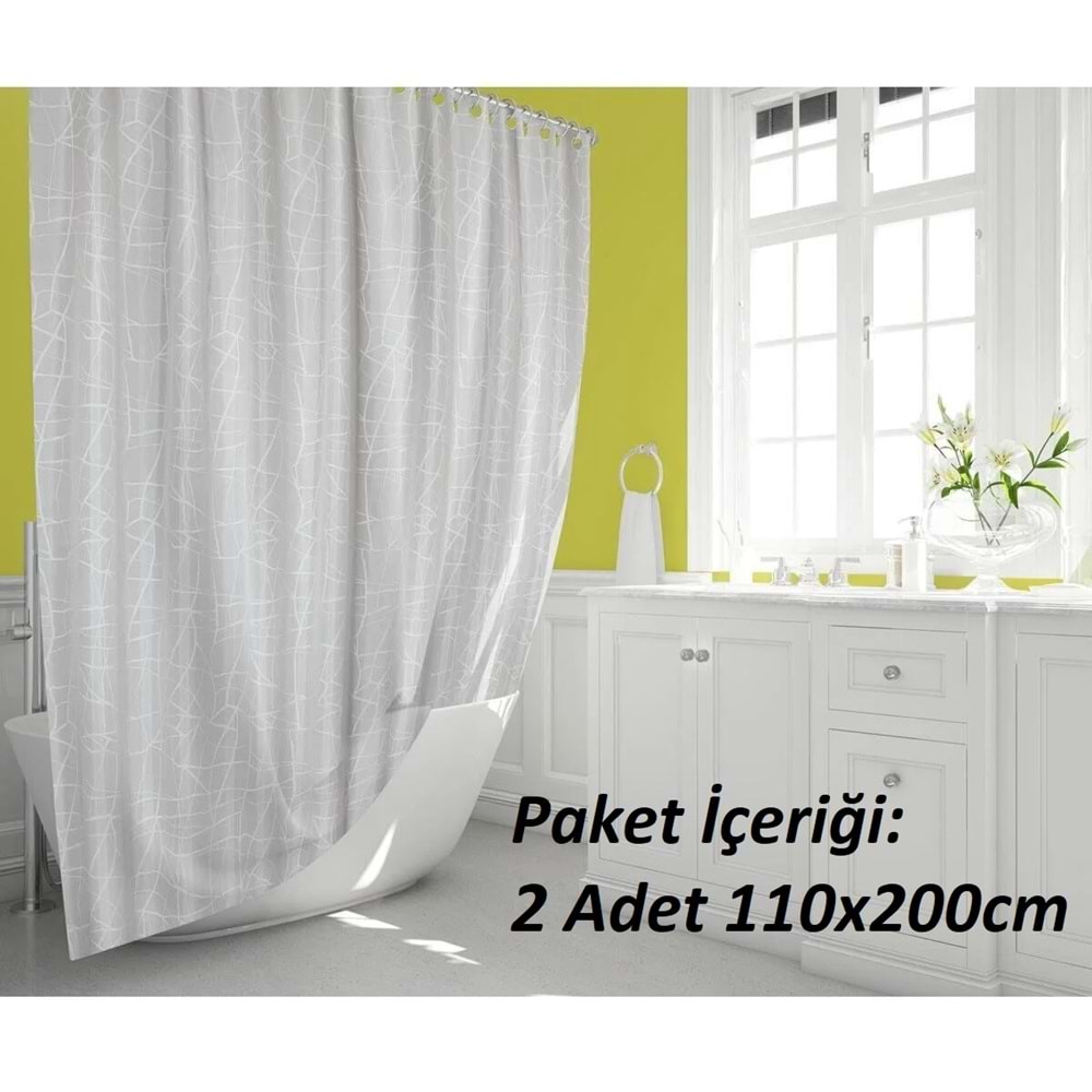 Tropik Home -Mermer Desen Beyaz- Çift Kanatlı Banyo Duş Perdesi (2x110x200)