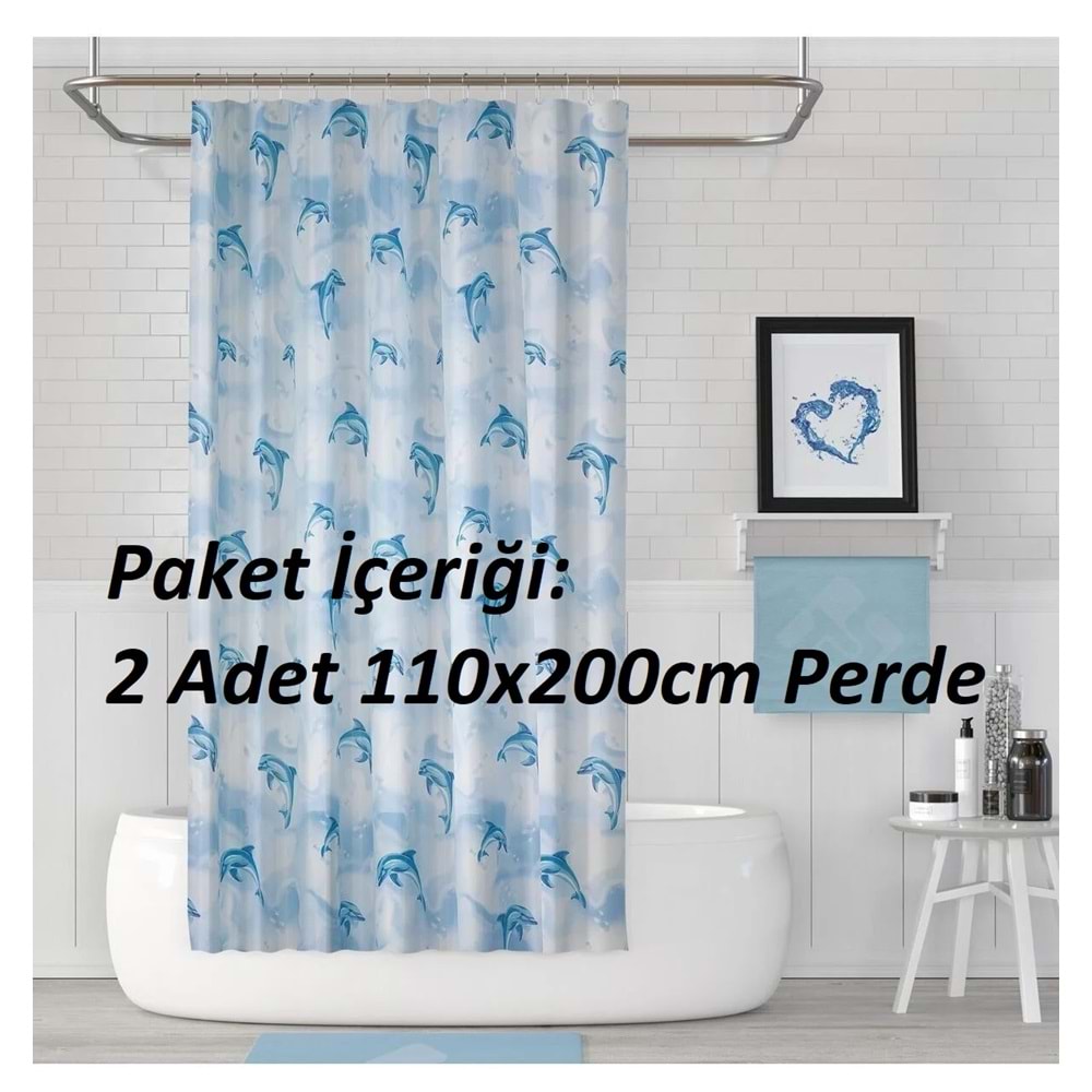 Jackline -Dolphin Mavi- Çift Kanatlı Banyo Duş Perdesi (2x110x200)