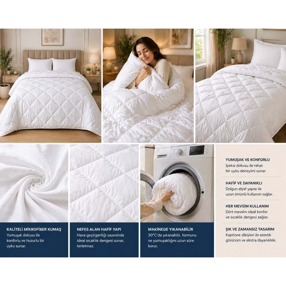 Bella Home Mikrofiber -Beyaz- Çift Kişilik Yorgan (195x215)