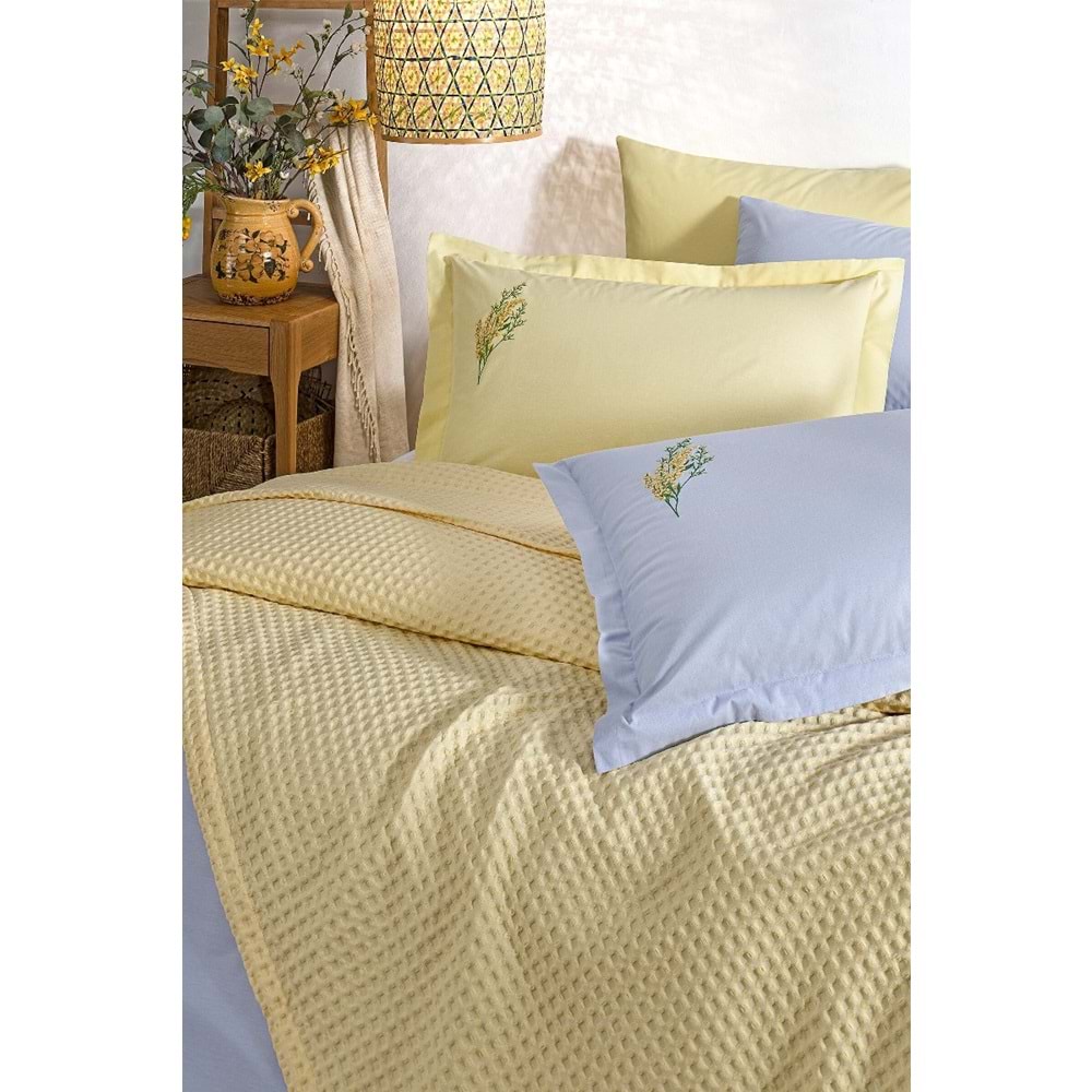 Özdilek Rf Waffle -Gold Gri- Tek Kişilik Nakışlı Pike Takımı (2 Yastık Kılıflı)