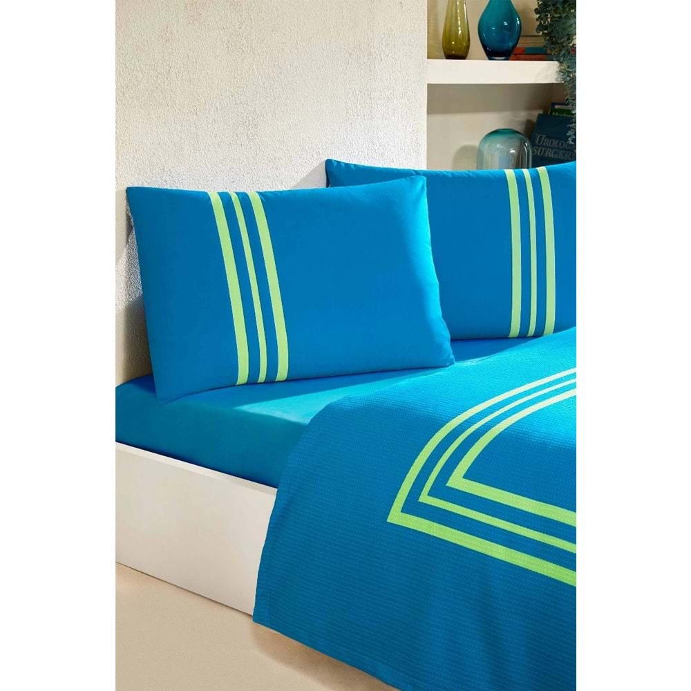 Özdilek Rf -Neon Frame Mavi- Lastikli Çarşaflı Çift Kişilik Pike Takımı