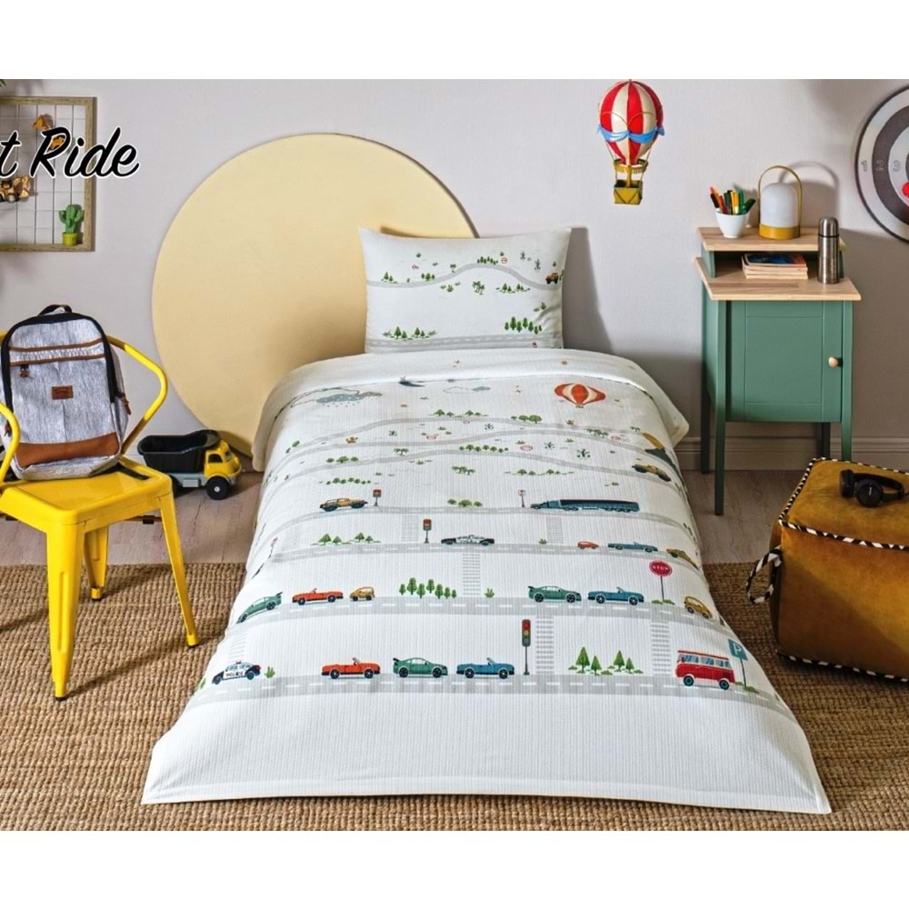 Özdilek Rf -Night Ride Mavi- Lastikli Çarşaflı Erkek Çocuk Tek Kişilik Pike Takımı