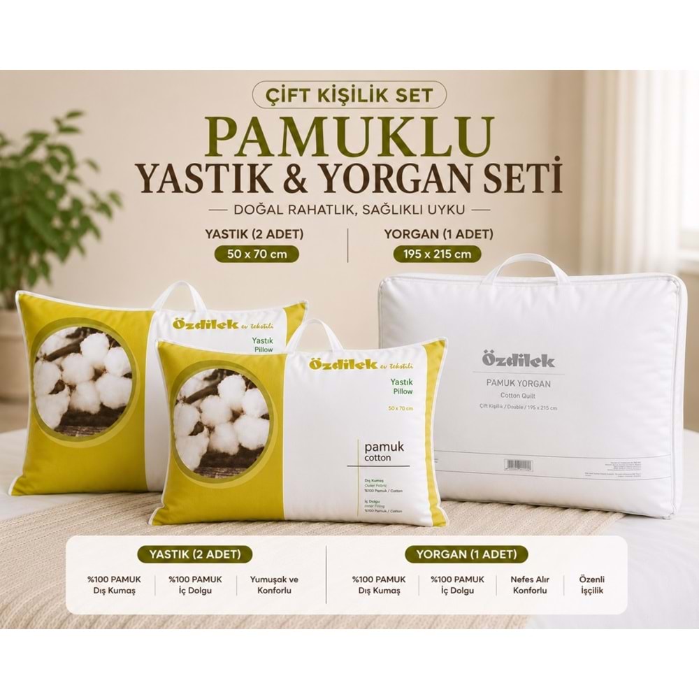 Özdilek Doğal 1 Adet Pamuk Yorgan + 2 Adet Pamuk Yastık (Çift Kişilik Set)