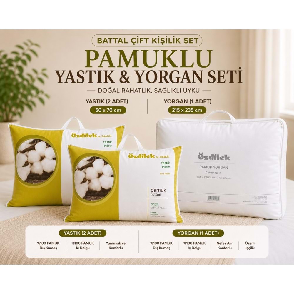 Özdilek Doğal 1 Adet Pamuk Yorgan + 2 Adet Pamuk Yastık (King Size Battal Set)