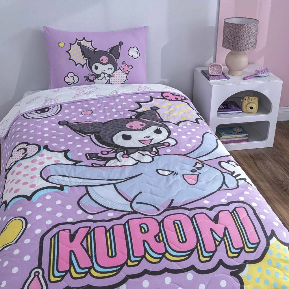 Taç Lisanslı Kuromi Smile Pamuklu Çocuk Yatak Örtüsü Seti (160x230)