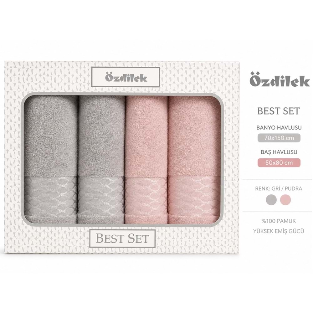 Özdilek 4 Parça Best Set -Elissa Gri Pudra- Hamam Seti, Havlu Seti