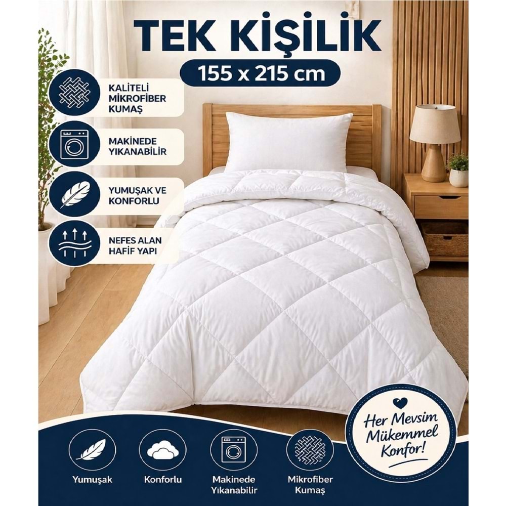 Bella Home Mikrofiber -Beyaz- Tek Kişilik Yorgan (155x215)