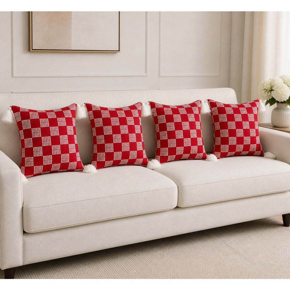 Elessa pullu kırlent 45x45 4lü paket kırmızı/ beyaz