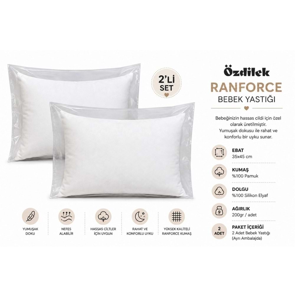 Özdilek 2Lİ PAKET Ranforce (%100 Pamuk Kumaş) Silikon Bebek Yastığı (35x45)