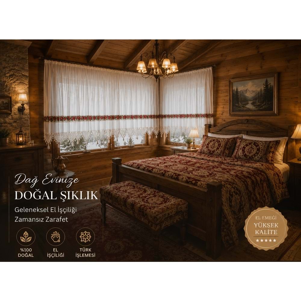 Mandaş El İşi Dantelli Kanaviçe Buldan Perdesi Tek kanat (200*190)