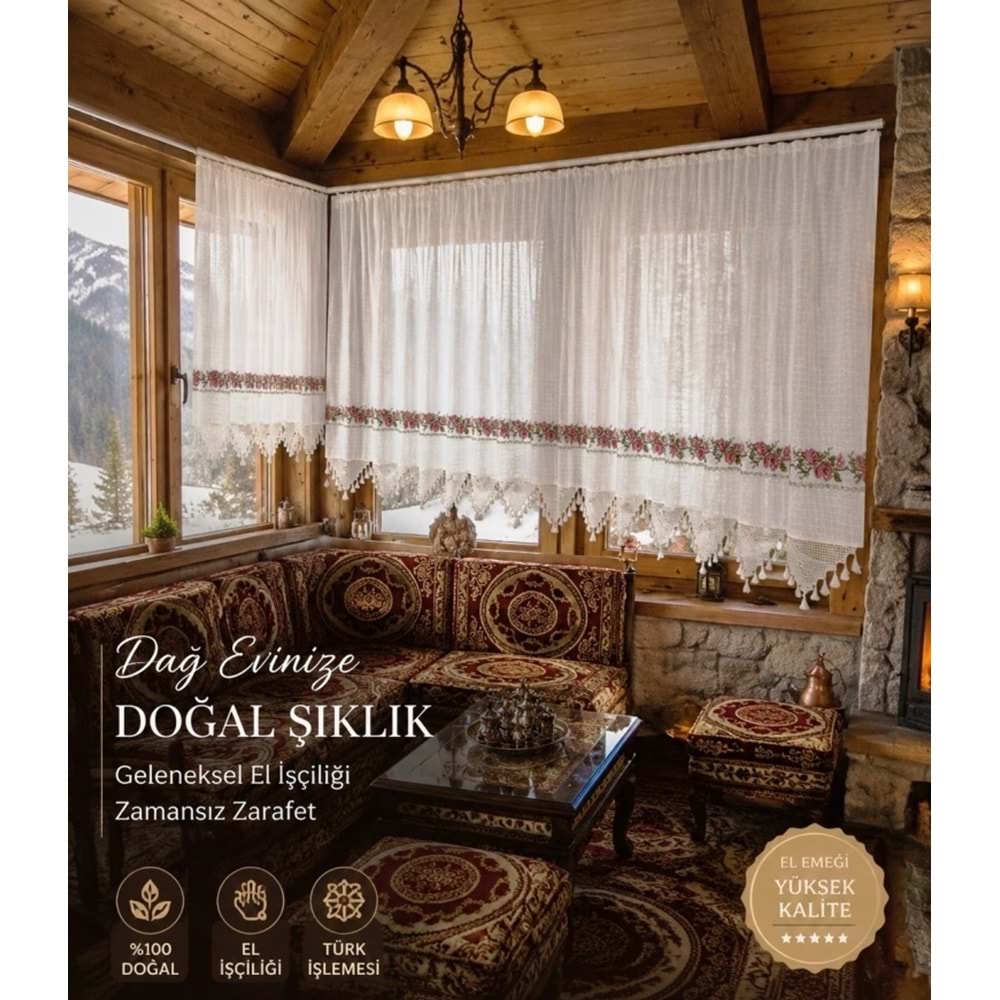 Mandaş El İşi Dantelli Kanaviçe Buldan Perdesi Tek kanat (225*190)